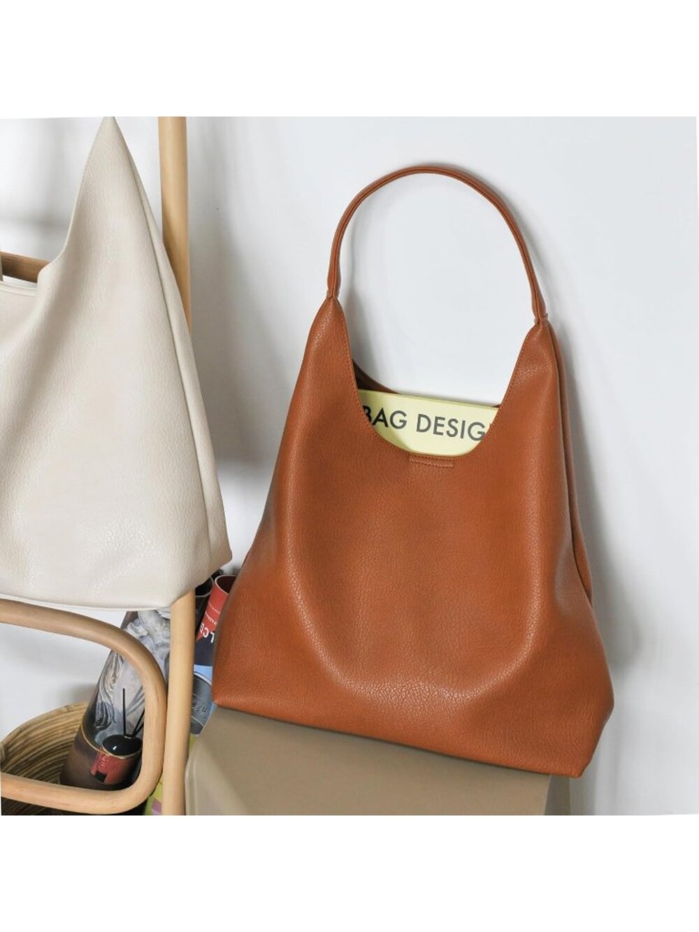 Women's Orange Brown Soft Vegan Leather Hobo Shoulder Bag Slouchy Tote Purse - Picture 3 of 7